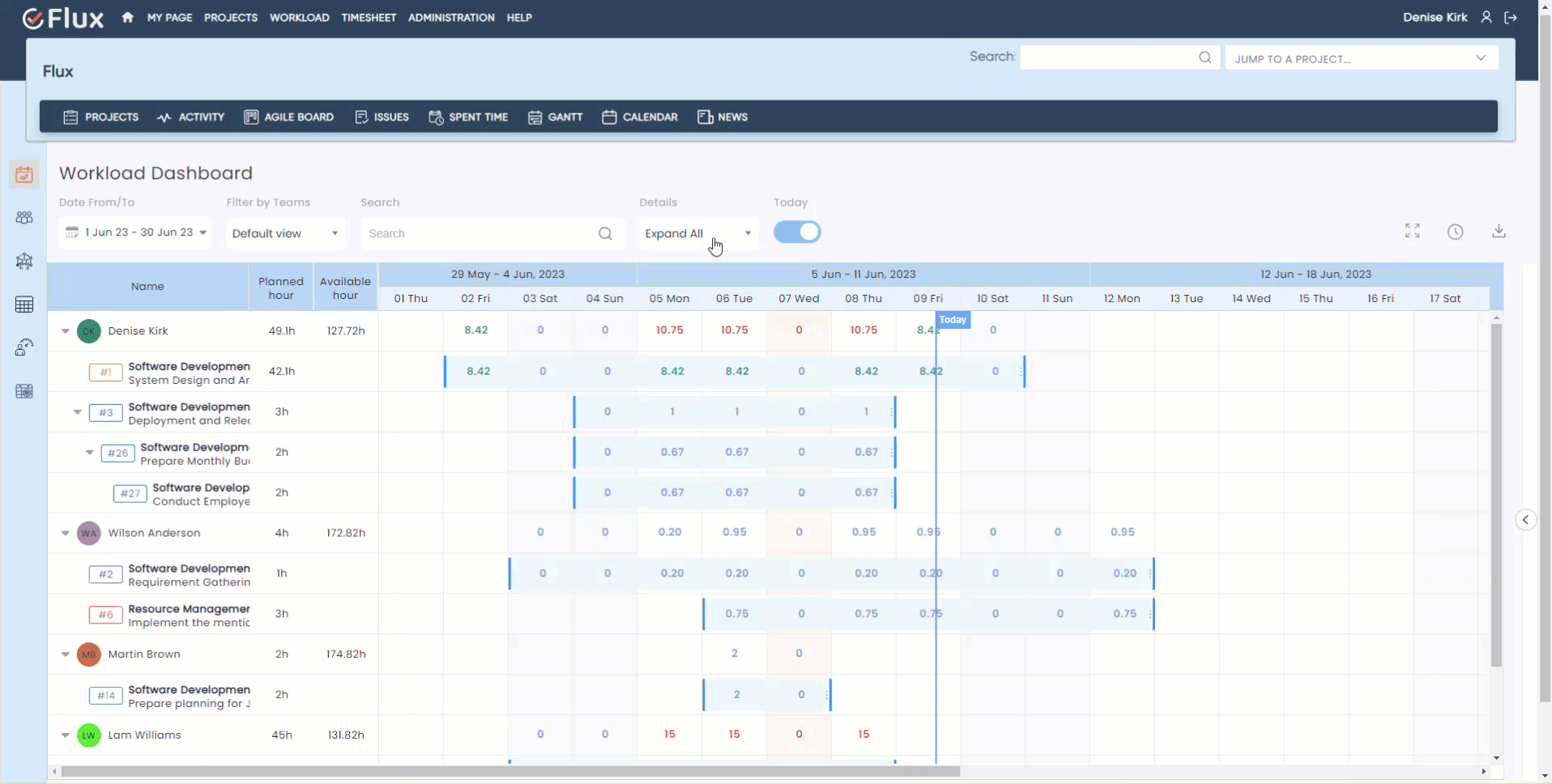 Workload expand collapse filter full screen date range