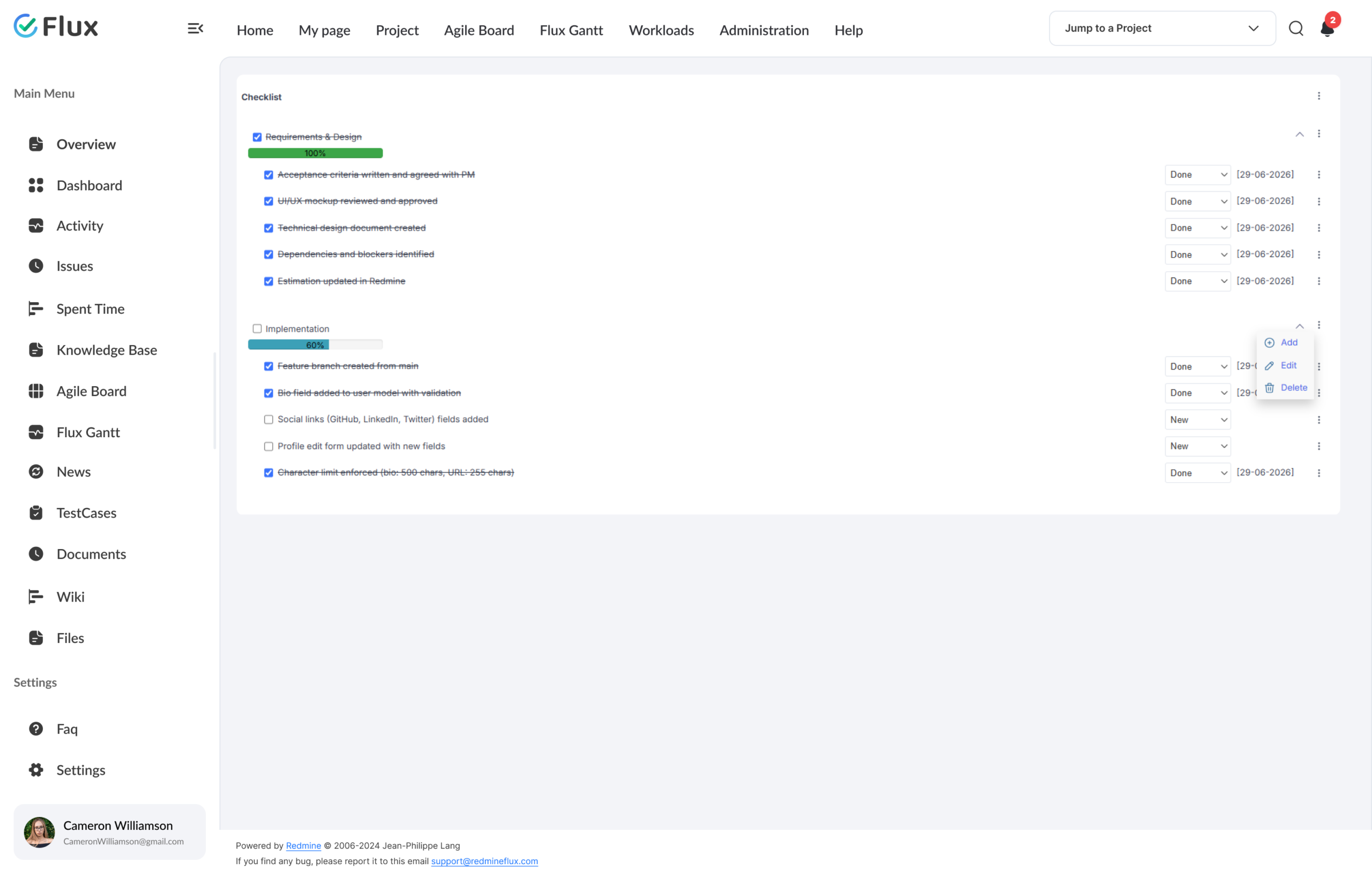 Checklist inside a Redmine issue