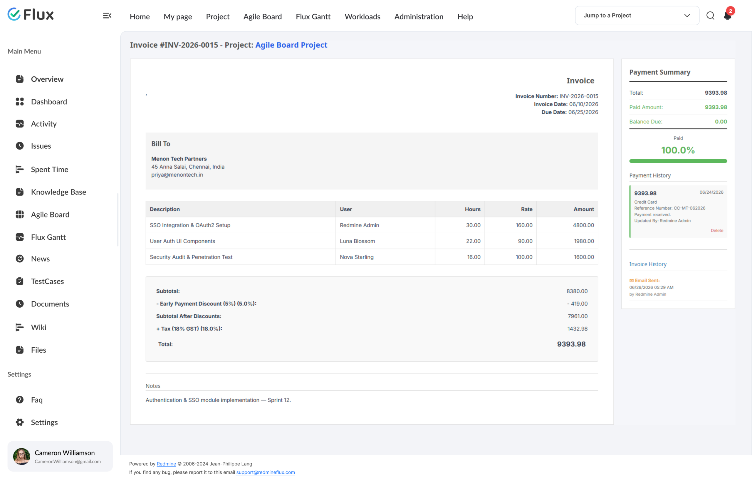 invoice generated from Redmine time log entries