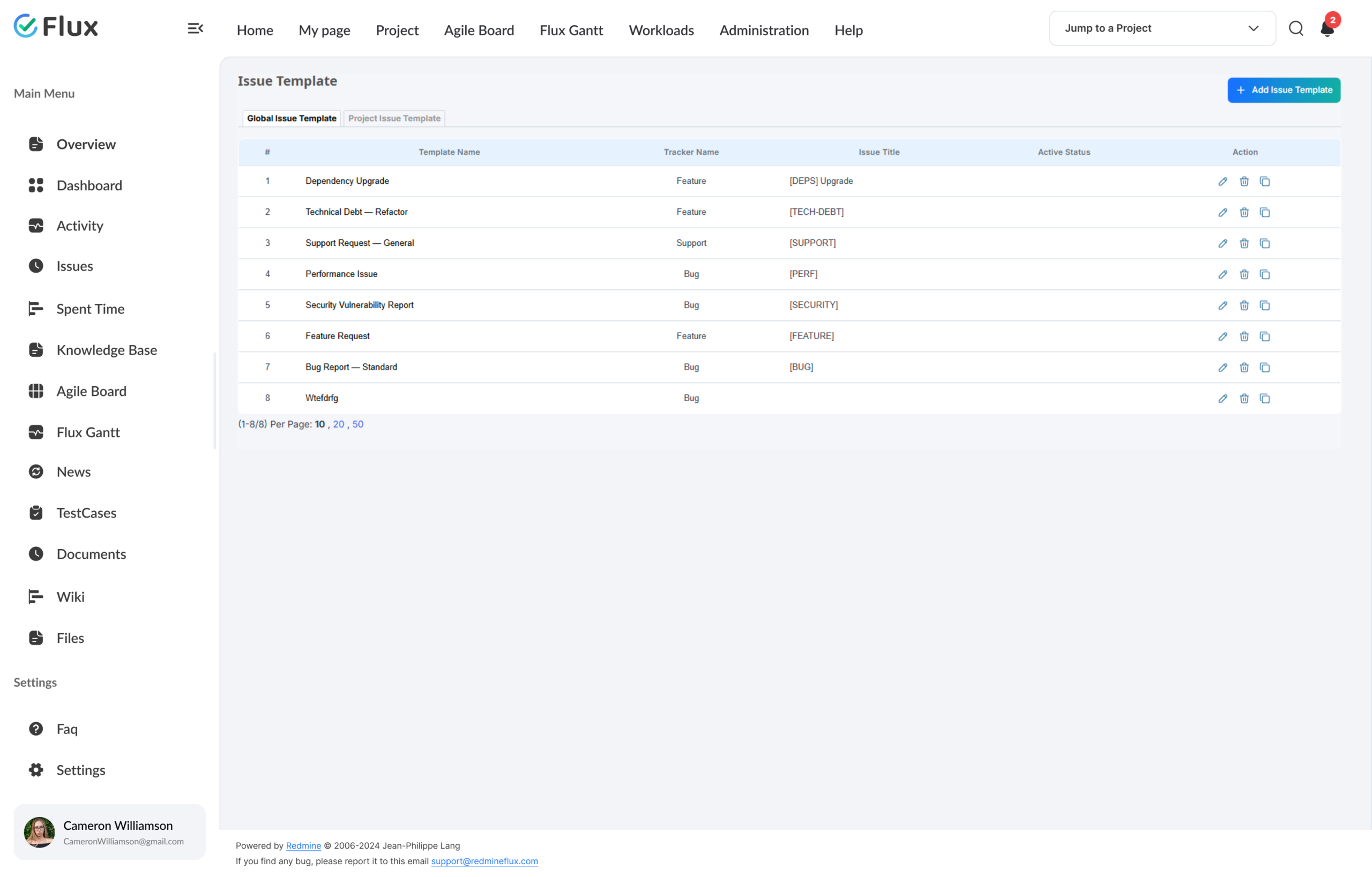 Issue Template selector dialog with template list