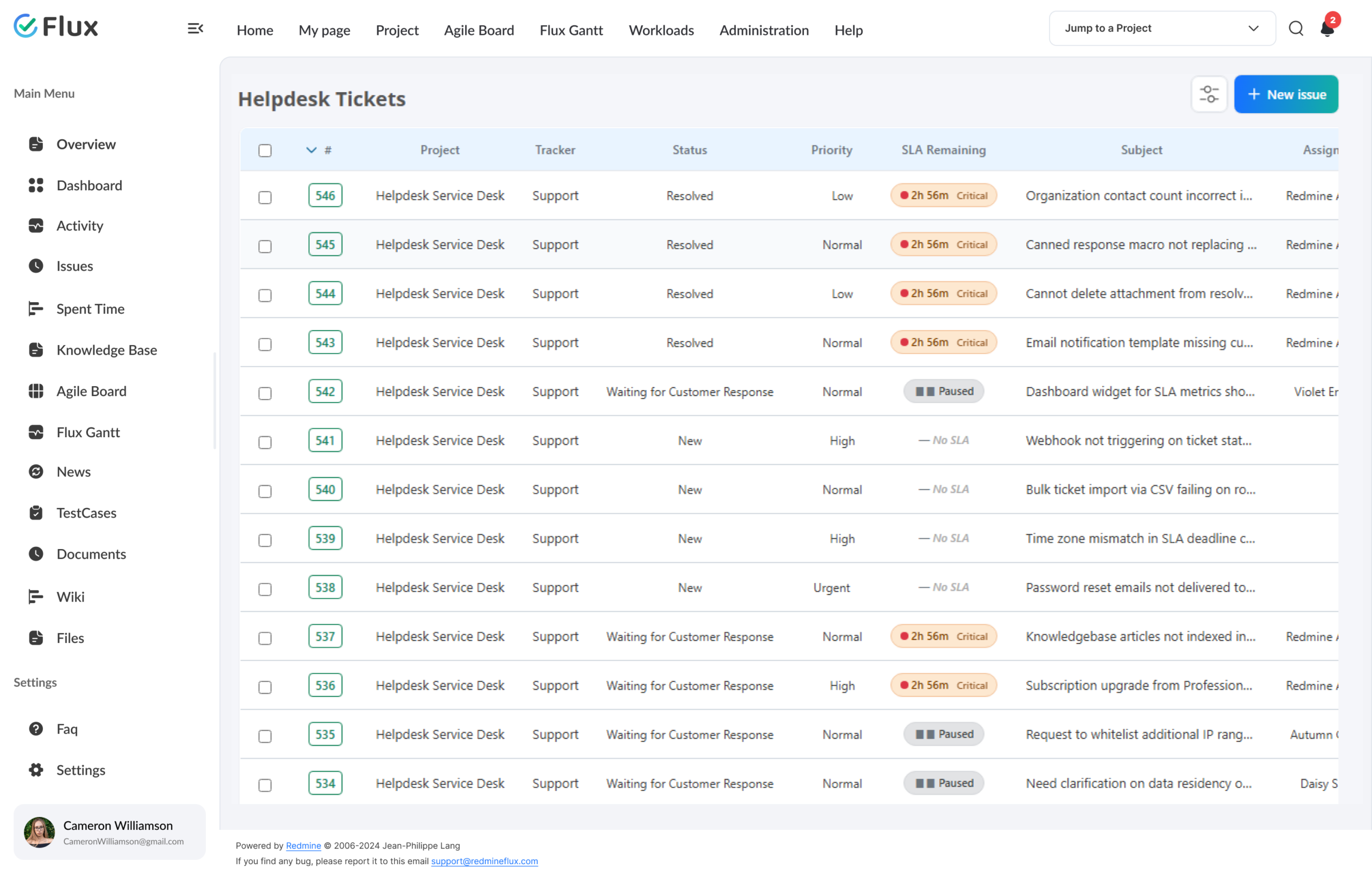 Ticket dashboard with SLA clocks and escalation state