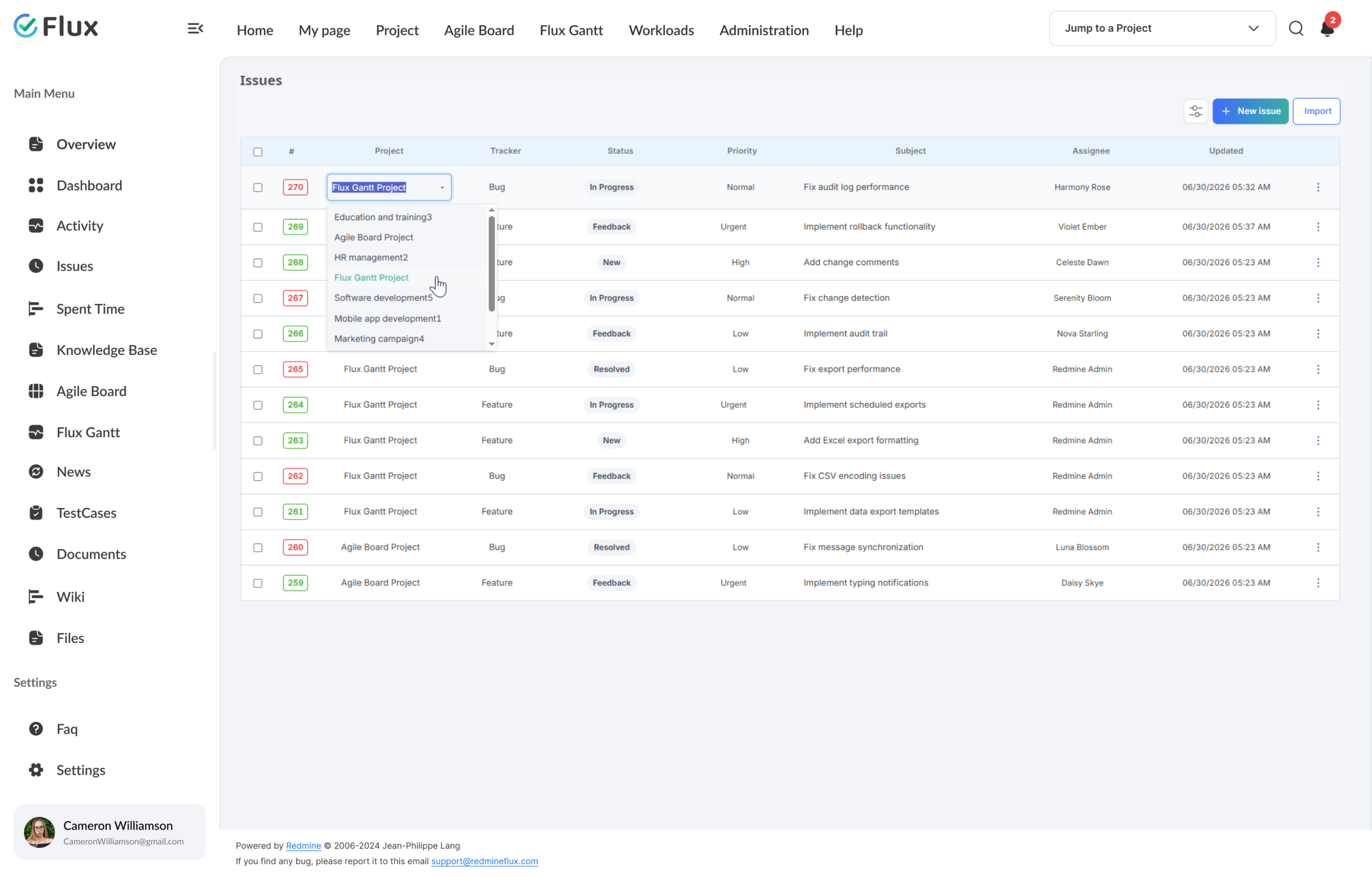 Inline Editor - issue list with inline status dropdown active